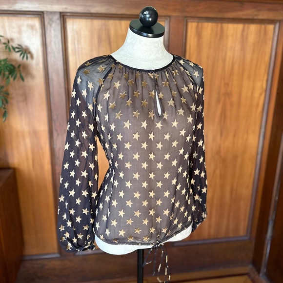 Flowy Black and Gold Star Print Blouse Top by Diane Von Furstenberg DVF, Silk - Picture 3 of 6